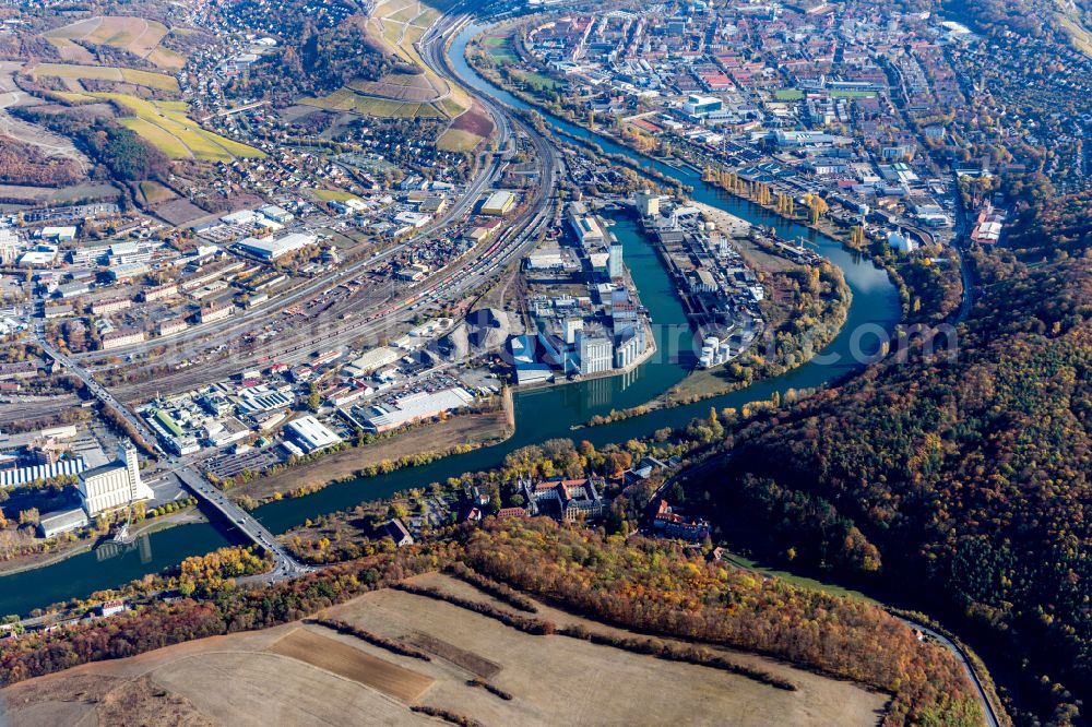 Würzburg from above - Quays and boat moorings at the port of the inland port Neuen Hafen on Main in Wuerzburg in the state Bavaria, Germany