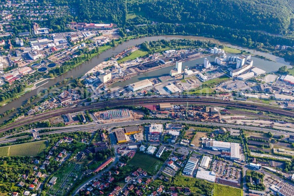 Würzburg from the bird's eye view: Quays and boat moorings at the port of the inland port Neuer Hafen on Main in Wuerzburg in the state Bavaria, Germany