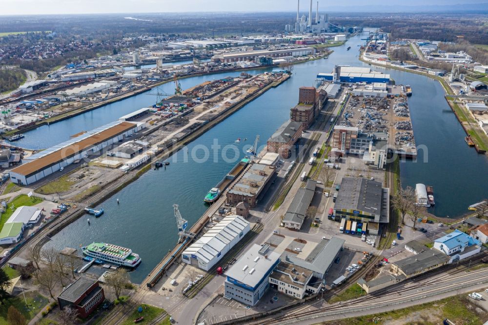 Karlsruhe from above - Quays and boat moorings at the port of the inland port in the district Muehlburg in Karlsruhe in the state Baden-Wurttemberg, Germany