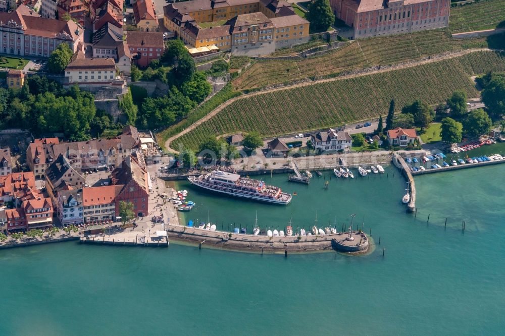 Aerial image Meersburg - Quays and boat moorings at the port of the inland port Personenschiffe on Bodensee in Meersburg in the state Baden-Wuerttemberg, Germany