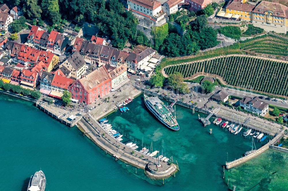 Meersburg from above - Quays and boat moorings at the port of the inland port Personenschiffe on Bodensee in Meersburg in the state Baden-Wurttemberg, Germany