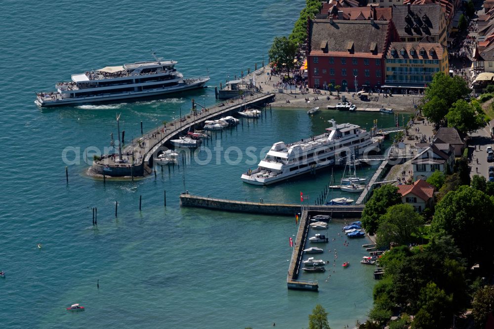 Meersburg from above - Quays and boat moorings at the port of the inland port Personenschiffe on Bodensee in Meersburg in the state Baden-Wurttemberg, Germany