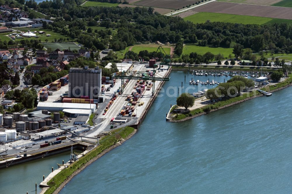 Gernsheim from above - Quays and boat moorings at the port of the inland port of the Rhine river with Anker Memorial Gernsheim in Gernsheim in the state Hesse, Germany