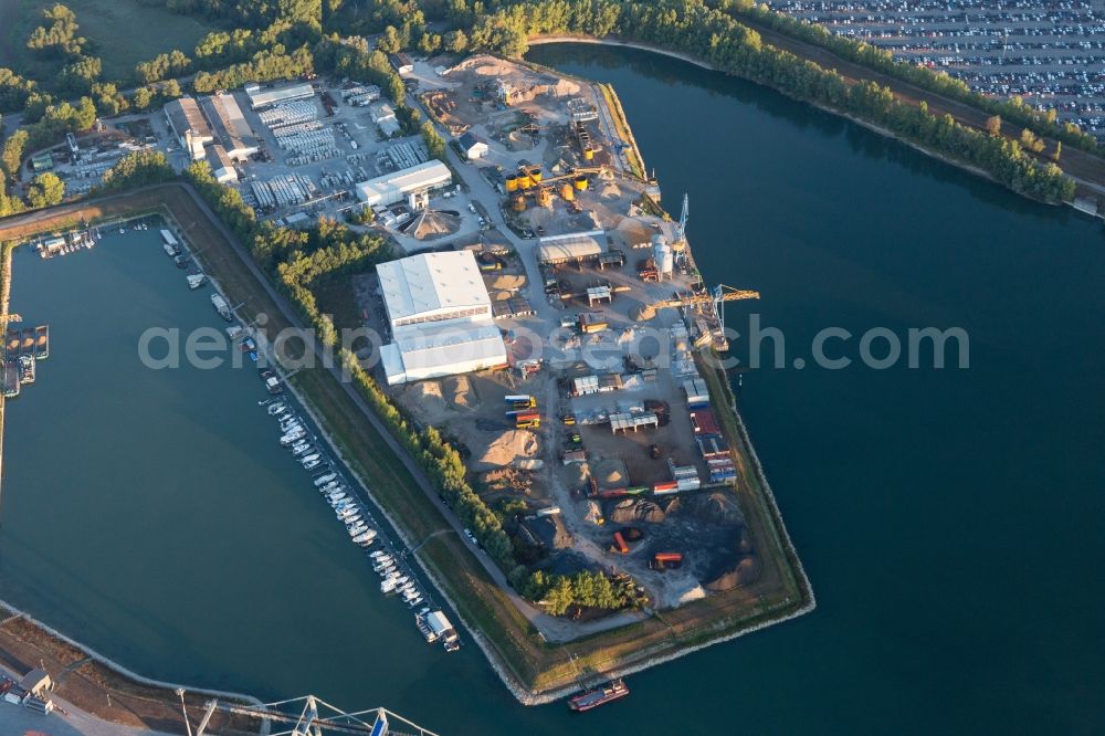 Aerial image Germersheim - Quays and boat moorings at the port of the inland port of the Rhine river in Germersheim in the state Rhineland-Palatinate, Germany