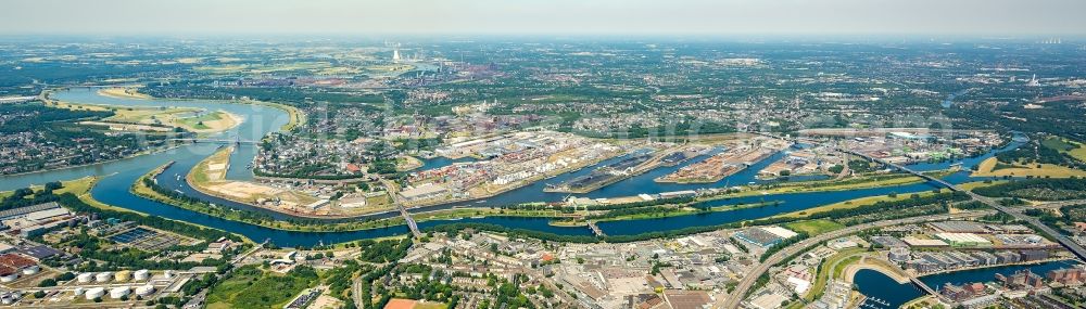 Duisburg from the bird's eye view: Quays and boat moorings at the port of the inland port on Rhein and on Ruhr in the district Ruhrort in Duisburg in the state North Rhine-Westphalia, Germany