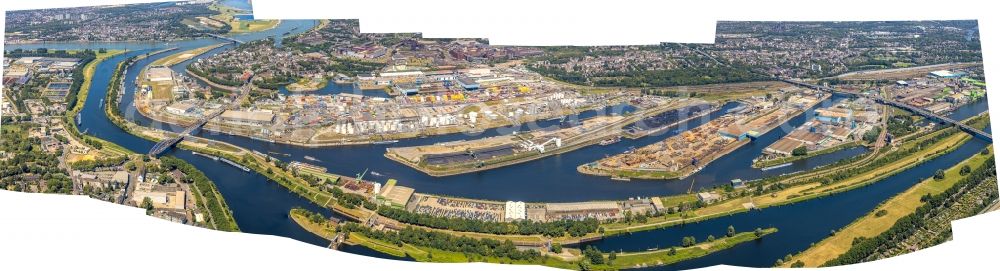 Duisburg from above - Quays and boat moorings at the port of the inland port on Rhein and on Ruhr in the district Ruhrort in Duisburg in the state North Rhine-Westphalia, Germany