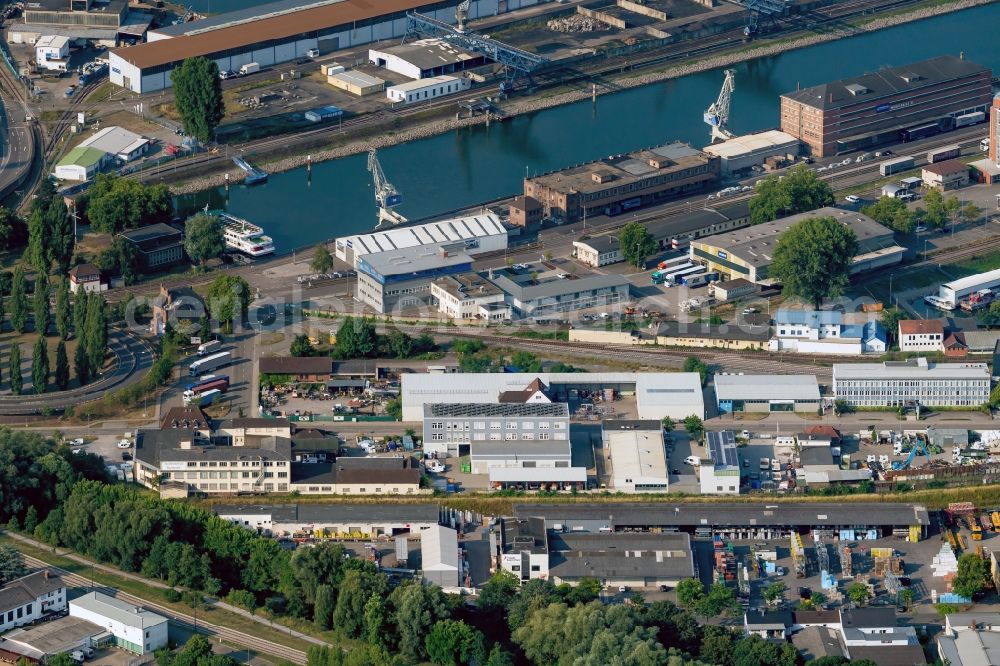 Karlsruhe from above - Quays and boat moorings at the port of the inland port Rheinhafen Karlsruhe in Karlsruhe in the state Baden-Wurttemberg, Germany