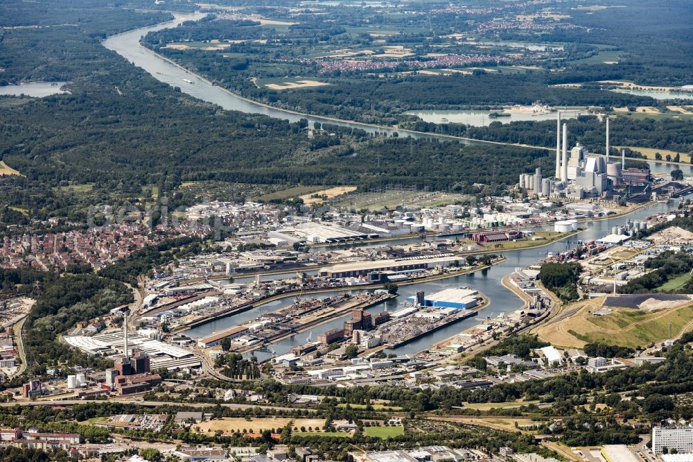 Karlsruhe from above - Quays and boat moorings at the port of the inland port Rheinhafen Karlsruhe in Karlsruhe in the state Baden-Wurttemberg, Germany