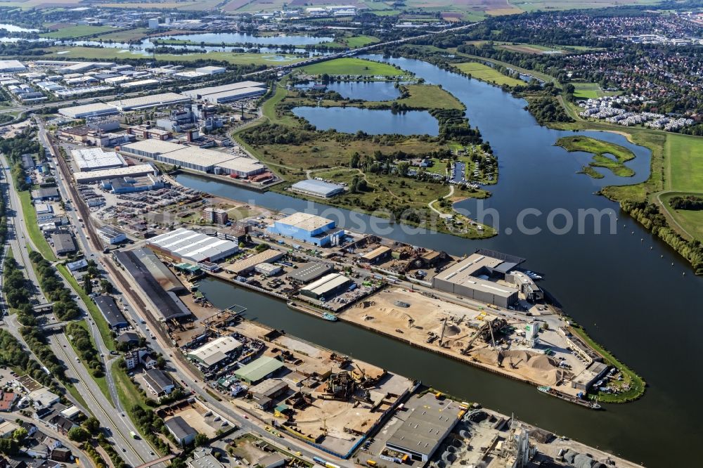 Aerial image Bremen - Quays and boat moorings at the port of the inland port on Weser in the district Hemelingen in Bremen, Germany