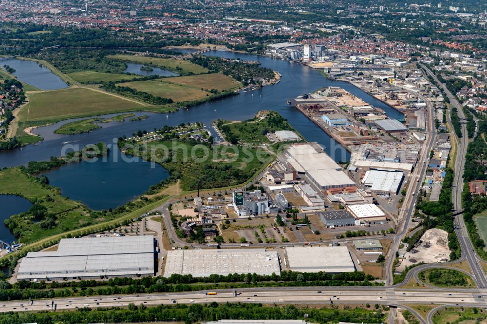 Bremen from above - Quays and boat moorings at the port of the inland port on Weser in the district Hemelingen in Bremen, Germany