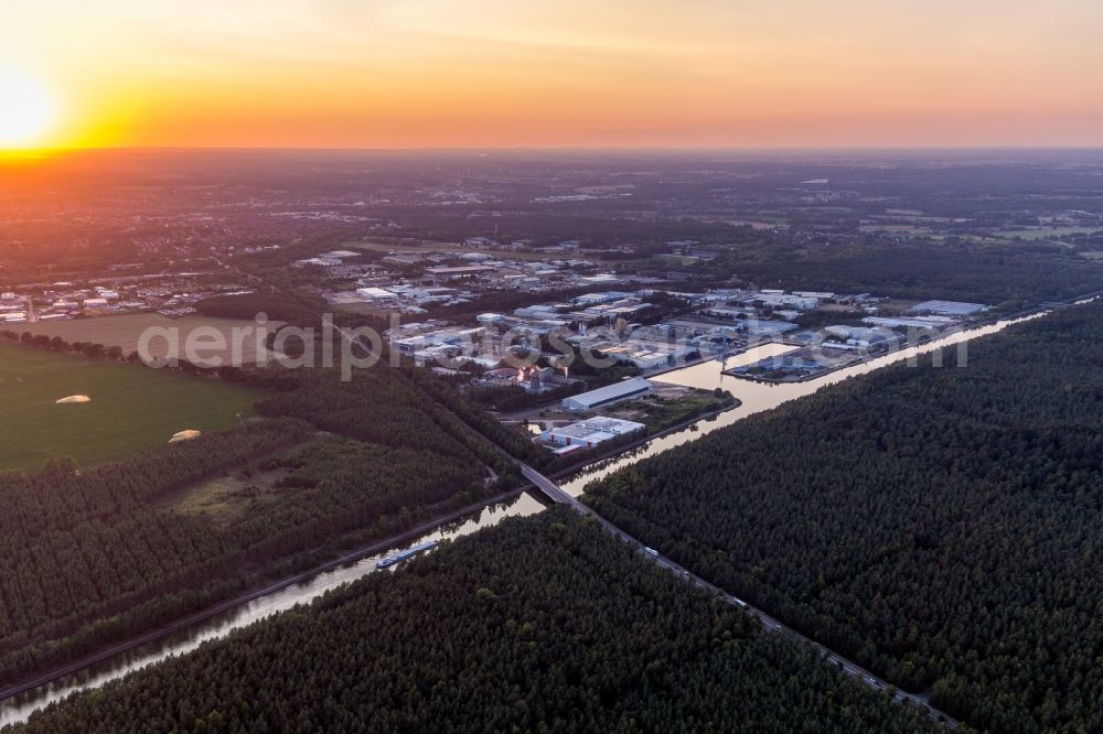 Lüneburg from above - Quays and boat moorings at the port of the inland port on Elbe-side-channel in Lueneburg in the state Lower Saxony, Germany