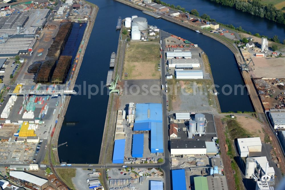 Aerial image Aschaffenburg - Wharves and piers with ship loading terminals in the inner harbor in Aschaffenburg in the state Bavaria