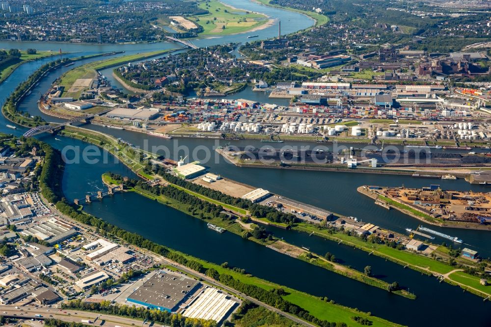 Duisburg from above - Wharves and piers with ship loading terminals in the inner harbor in Duisburg in the state North Rhine-Westphalia