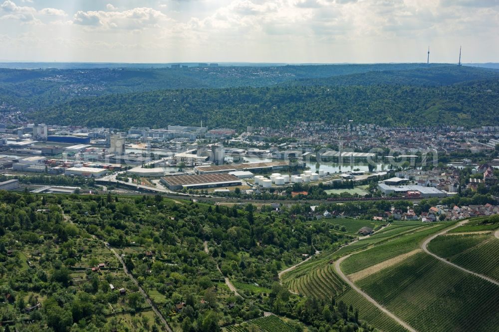 Stuttgart from above - Wharves and piers with ship loading terminals in the inner harbor in Stuttgart in the state Baden-Wuerttemberg