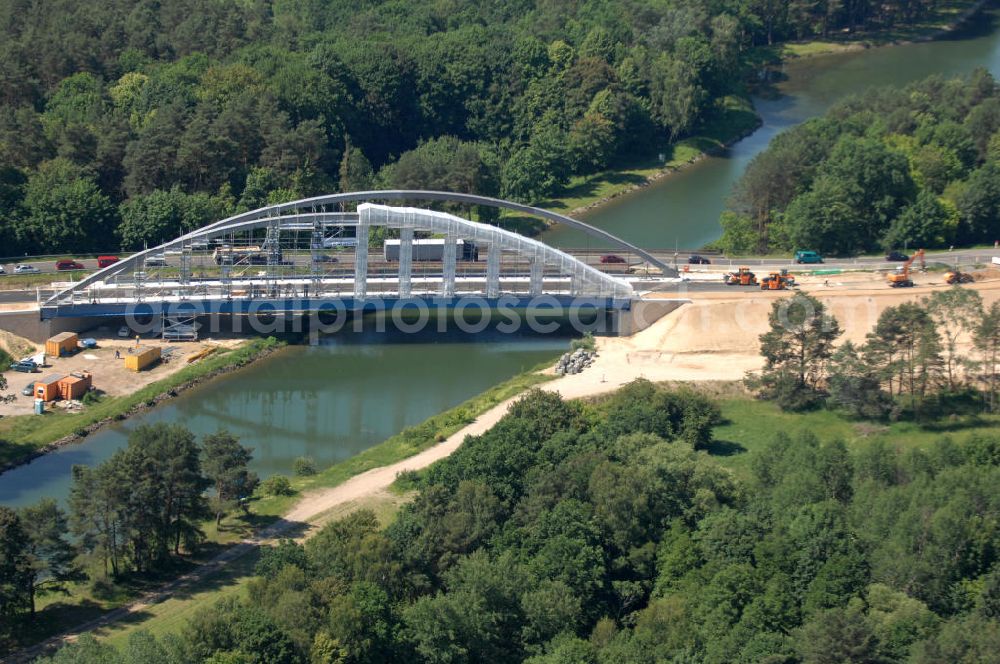 Aerial image Langer Grund - Blick auf die Baustelle der Kaiserwegbrücke über den Oder-Havel-Kanal in Langer Grund - Schorfheide BB. View onto the construction area / site of the Kaiserweg-Bridge over the Oder-Havel-Canal in Langer Grund.