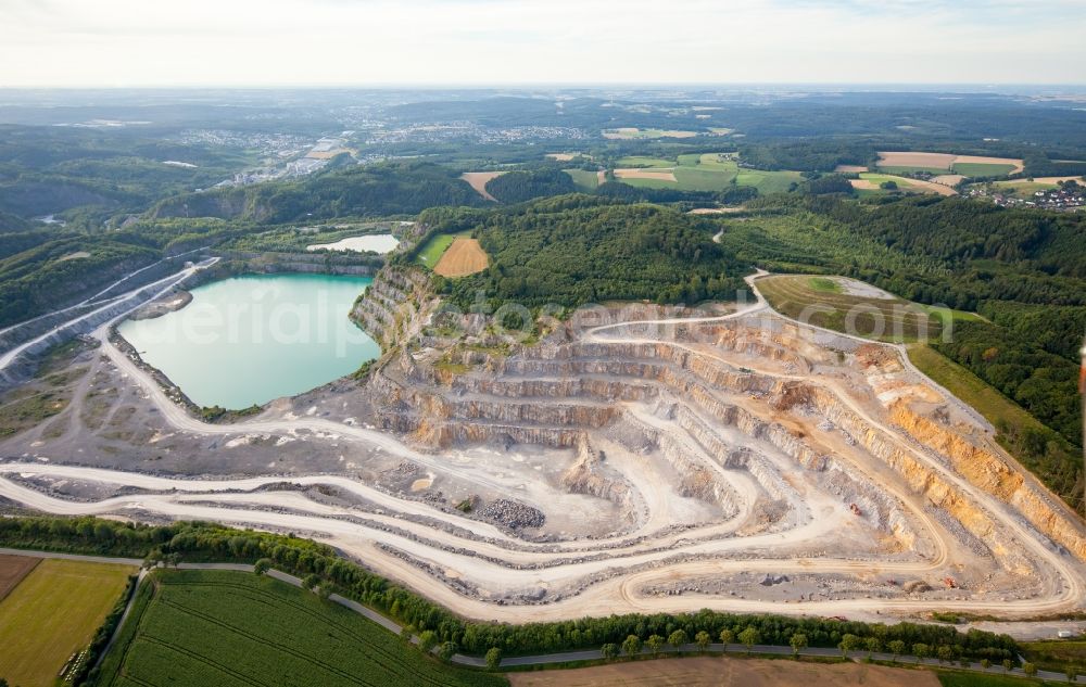 Aerial image Balve - Site and tailings area of the chalkstone mine of the RWK Kalk AG Menden in Balve in the state North Rhine-Westphalia