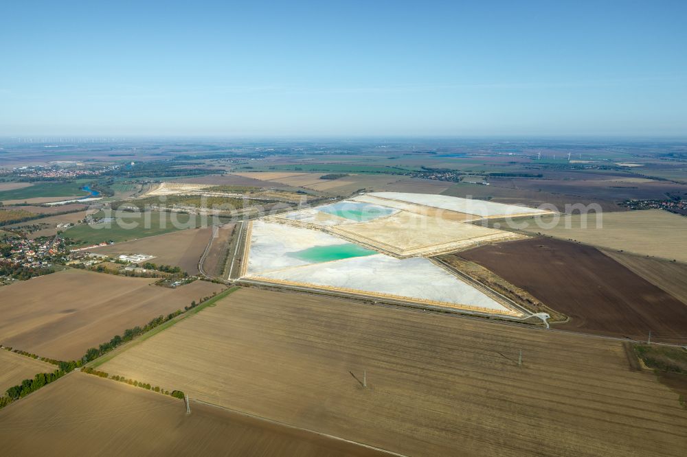 Aerial image Nienburg (Saale) - Limestone ponds and sewage treatment plant tank of FA. Solvay in Nienburg (Saale) in Saxony-Anhalt to the introduction of lime sludge from the production of soda