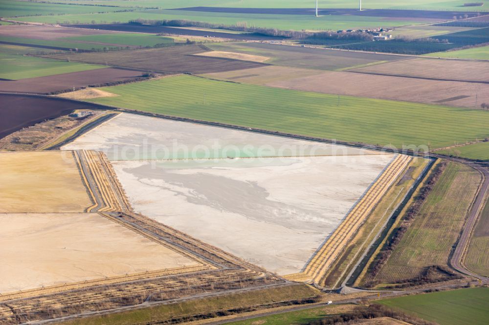 Aerial image Nienburg (Saale) - Limestone ponds and sewage treatment plant tank of FA. Solvay in Nienburg (Saale) in Saxony-Anhalt to the introduction of lime sludge from the production of soda