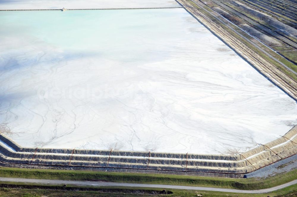 Aerial image Nienburg ( Saale ) OT Latdorf - The Solvay Chemicals GmbH operates stabilization ponds in Latdorf in Saxony-Anhalt for the purification of calcareous waste water from the lime-soda ash production