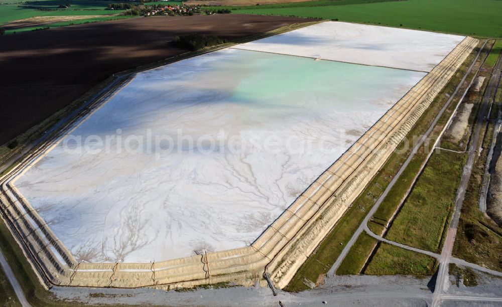 Aerial photograph Nienburg ( Saale ) OT Latdorf - The Solvay Chemicals GmbH operates stabilization ponds in Latdorf in Saxony-Anhalt for the purification of calcareous waste water from the lime-soda ash production