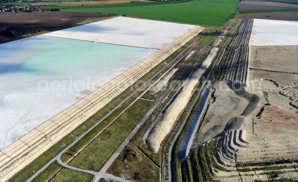 Nienburg ( Saale ) OT Latdorf from above - The Solvay Chemicals GmbH operates stabilization ponds in Latdorf in Saxony-Anhalt for the purification of calcareous waste water from the lime-soda ash production