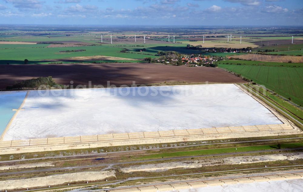 Nienburg ( Saale ) OT Latdorf from the bird's eye view: The Solvay Chemicals GmbH operates stabilization ponds in Latdorf in Saxony-Anhalt for the purification of calcareous waste water from the lime-soda ash production