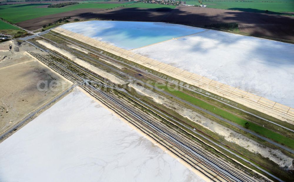 Aerial image Nienburg ( Saale ) OT Latdorf - The Solvay Chemicals GmbH operates stabilization ponds in Latdorf in Saxony-Anhalt for the purification of calcareous waste water from the lime-soda ash production