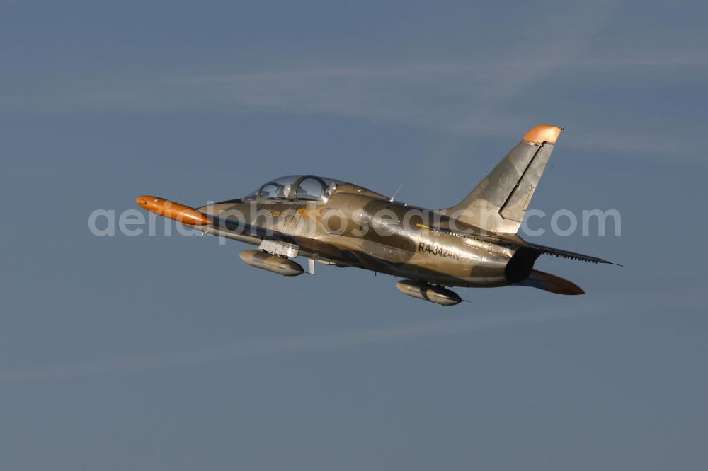 Bitburg from the bird's eye view: Kampfjet Aero L-39 Albatros auf dem Flugplatz Bitburg EDRB / Rheinland-Pfalz. Die L-39 war ursprünglich als einstrahliges Schulflugzeug der tschechischen Luftstreitkräfte entwickelt worden. Jet fighter Aero L-39 Albatros at the airfield Bitburg / Rhineland-Palatinate.