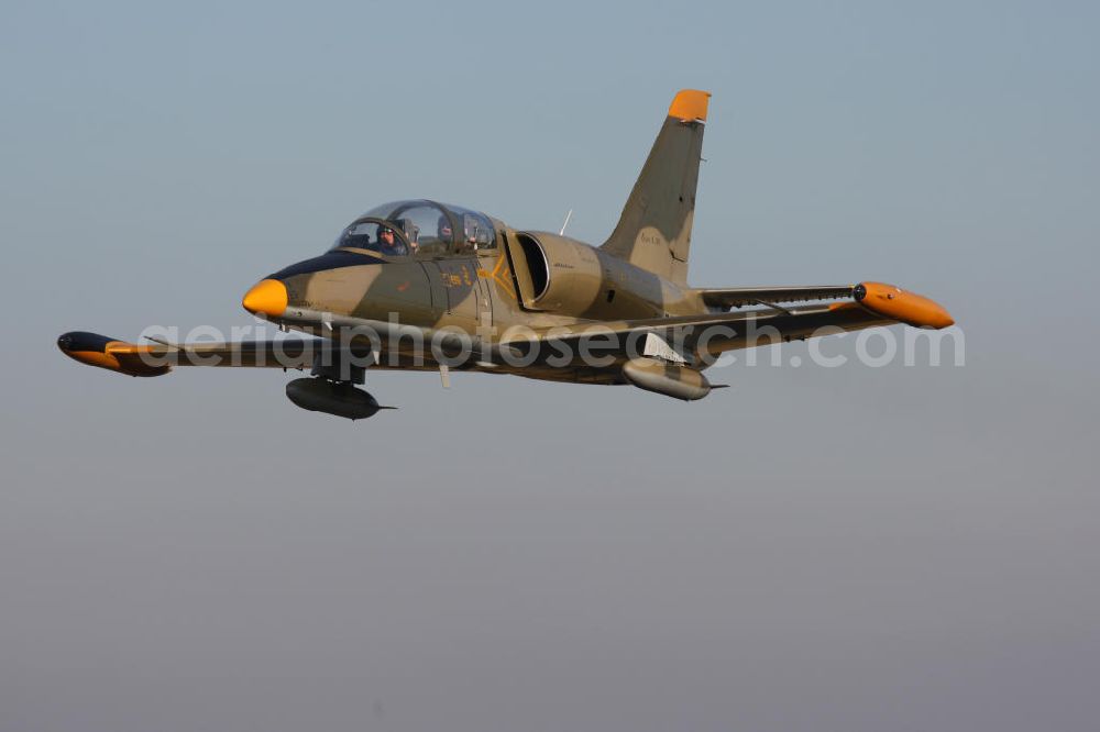 Bitburg from above - Kampfjet Aero L-39 Albatros auf dem Flugplatz Bitburg EDRB / Rheinland-Pfalz. Die L-39 war ursprünglich als einstrahliges Schulflugzeug der tschechischen Luftstreitkräfte entwickelt worden. Jet fighter Aero L-39 Albatros at the airfield Bitburg / Rhineland-Palatinate.