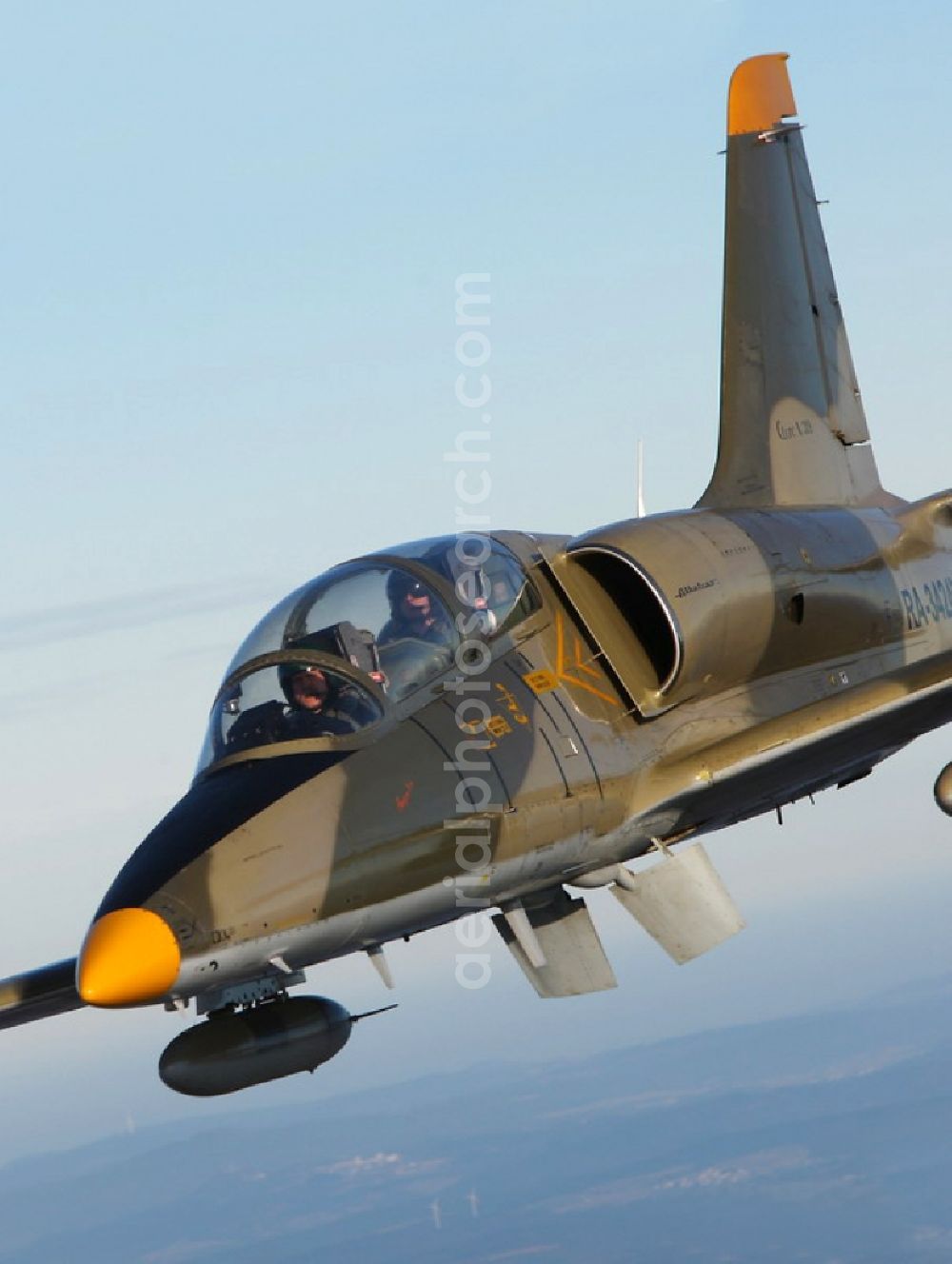 Bitburg from the bird's eye view: Jet fighter Aero L-39 Albatros at the airfield Bitburg / Rhineland-Palatinate. No use for reports on aviation accidents!