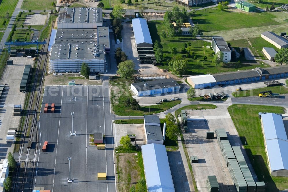 Zeithain from above - Building and production halls on the premises of Kampfmittelbeseitigungsdienst KMBD in Zeithain in the state Saxony, Germany