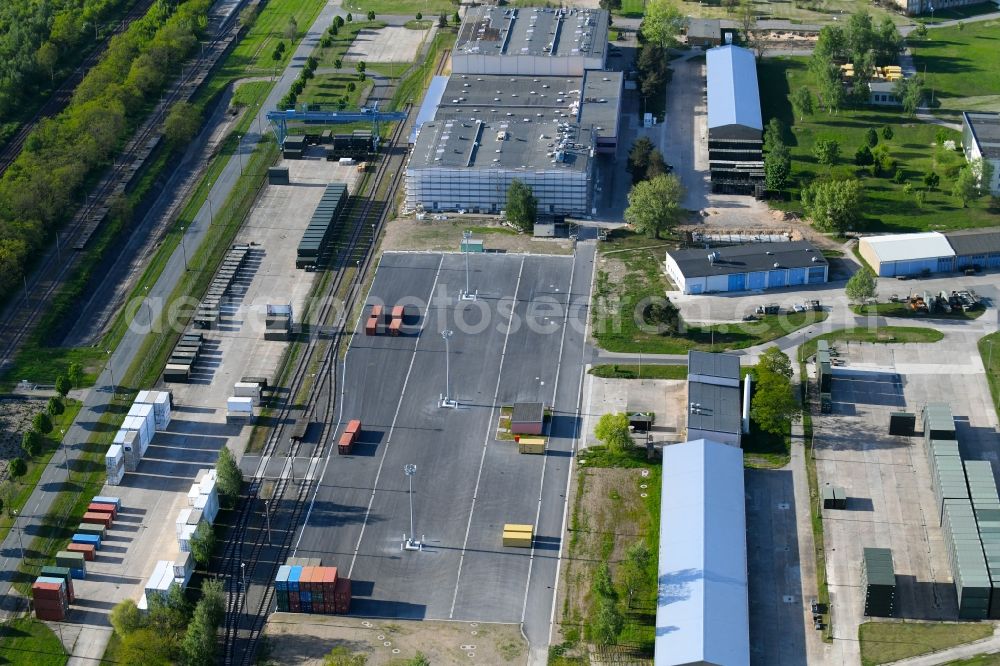 Zeithain from the bird's eye view: Building and production halls on the premises of Kampfmittelbeseitigungsdienst KMBD in Zeithain in the state Saxony, Germany