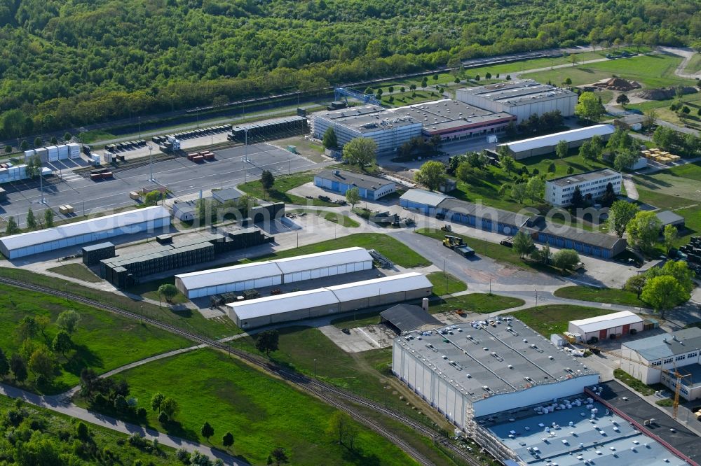 Zeithain from above - Building and production halls on the premises of Kampfmittelbeseitigungsdienst KMBD in Zeithain in the state Saxony, Germany