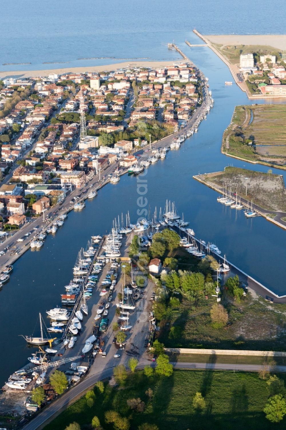 Porto Garibaldi from the bird's eye view: Channel to the seaside of the adriatic sea in Porto Garibaldi in Emilia-Romagna, Italy