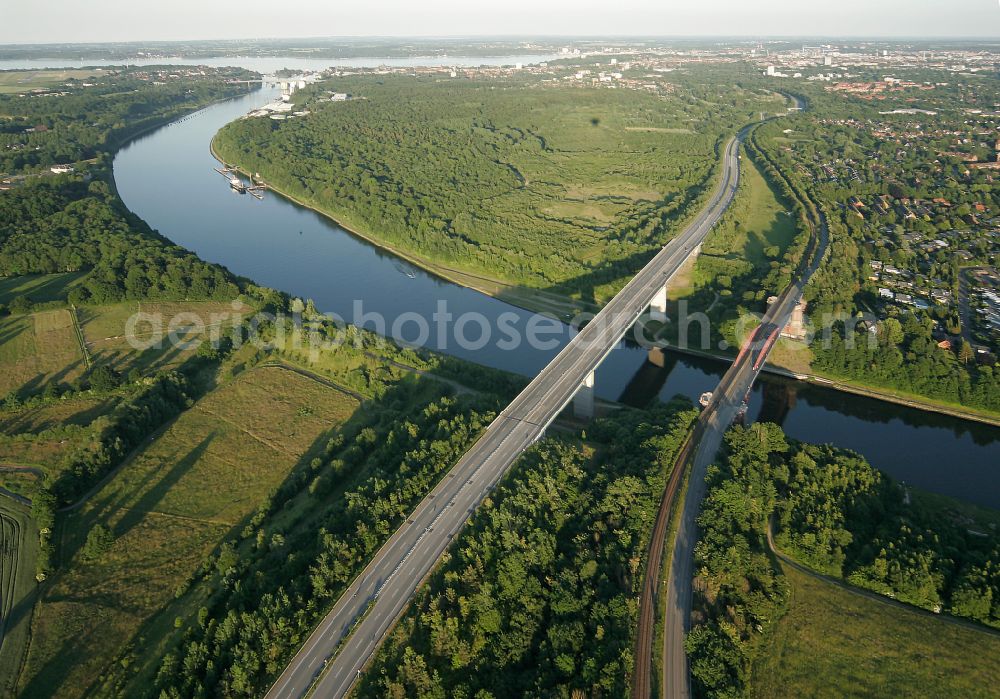 Altenholz from above - Canal bridges along the federal highway B76 near Levensau northwest of Kiel in the state Schleswig-Holstein, Germany