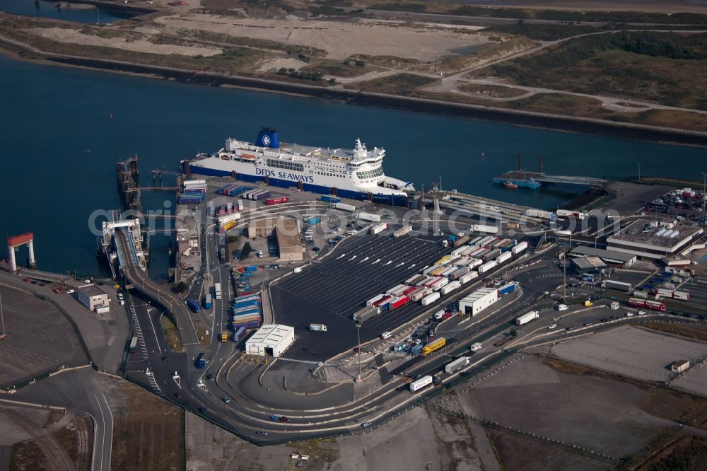 Loon-Plage from above - Ferry at the Port on the seashore of the Channel-ferry port Dunkerque in Loon-Plage in Hauts-de-France, France