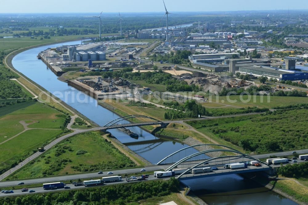 Magdeburg from above - History channel and riparian areas of Industrial areas on the descent channel Rothensee in Magdeburg in the state Saxony-Anhalt