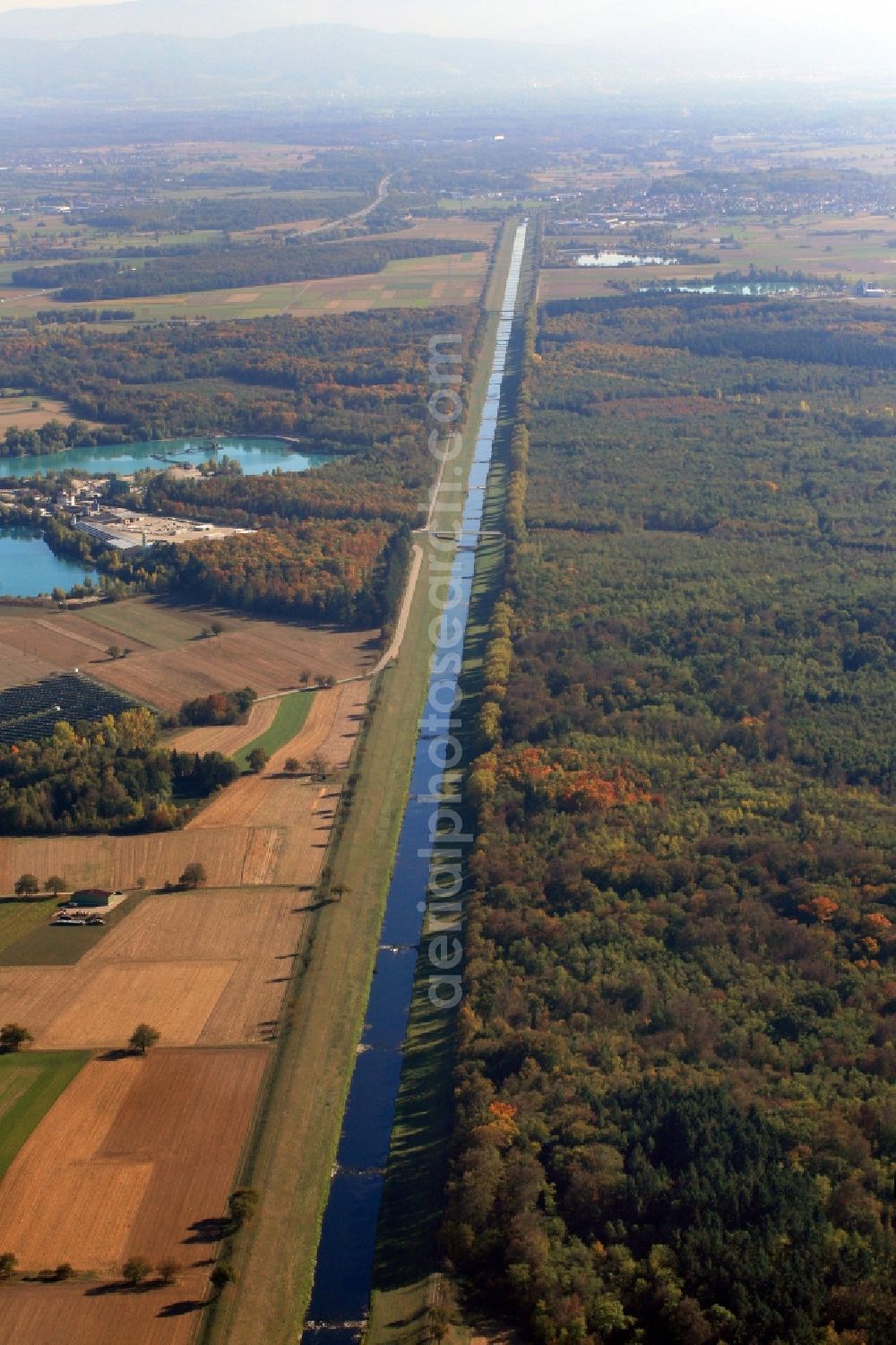 Rheinhausen from above - Channel flow and river banks of the Leopold Canal in Rheinhausen in the state Baden-Wurttemberg, Germany. It Begins as a flood-relief canal at Riegel and joins the River Rhine at Niederhausen