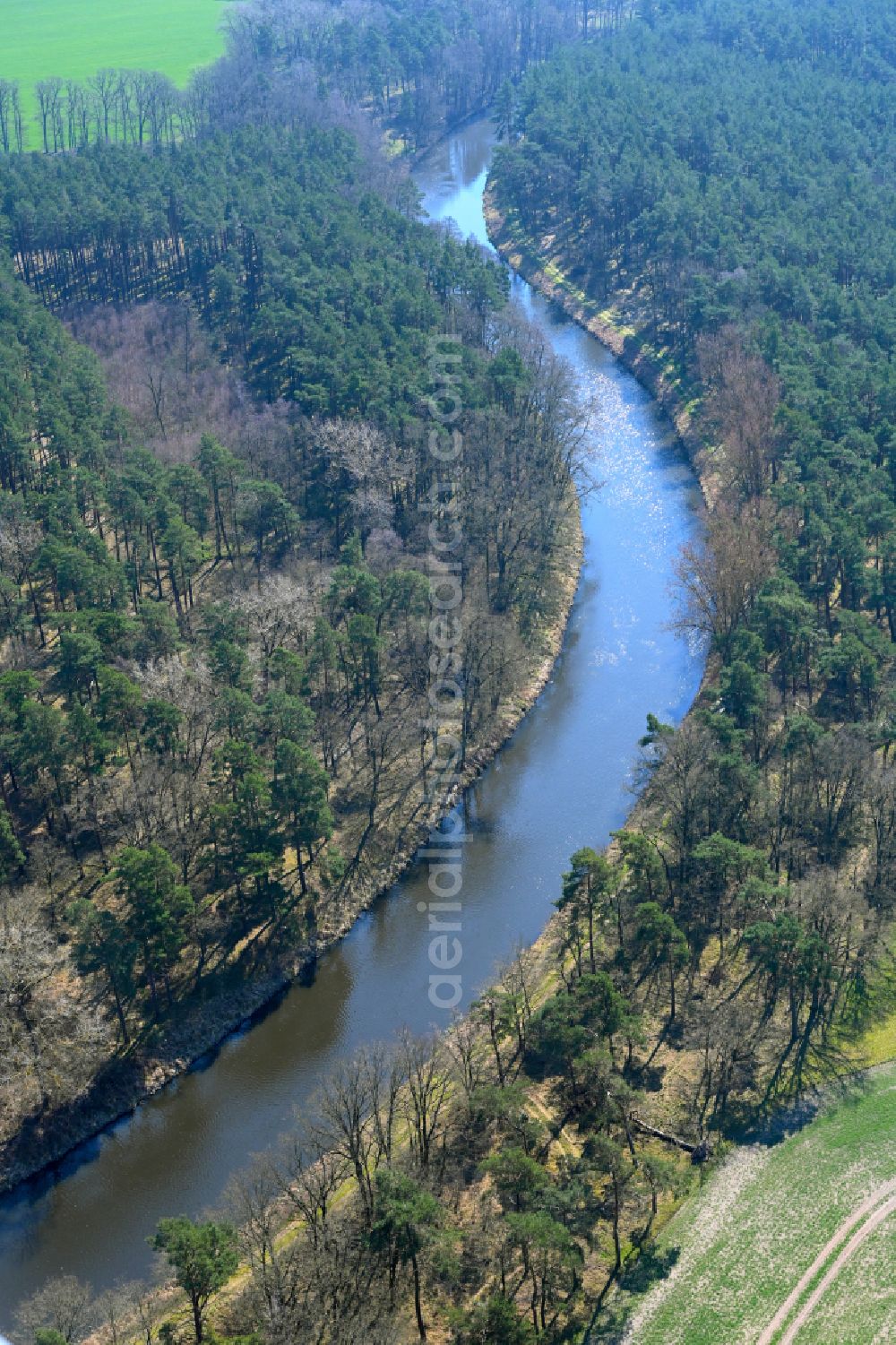 Eldena from above - Canal course and shore areas of the connecting canal MEW Mueritz-Elde-Wasserstrasse in Eldena in the state Mecklenburg - Western Pomerania, Germany