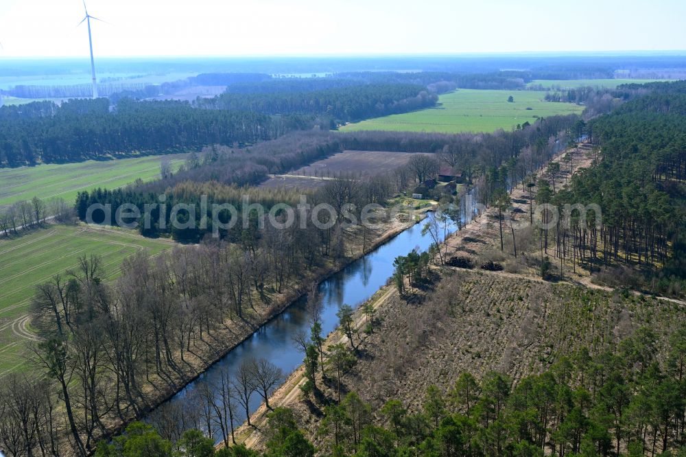 Eldena from above - Canal course and shore areas of the connecting canal MEW Mueritz-Elde-Wasserstrasse in Eldena in the state Mecklenburg - Western Pomerania, Germany