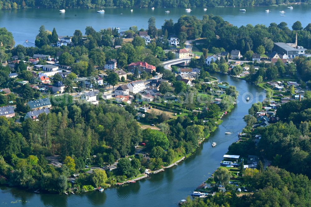 Rüdersdorf from above - Canal course and shore areas of the connecting canal Stolpkanal on street Goethestrasse in Ruedersdorf in the state Brandenburg, Germany