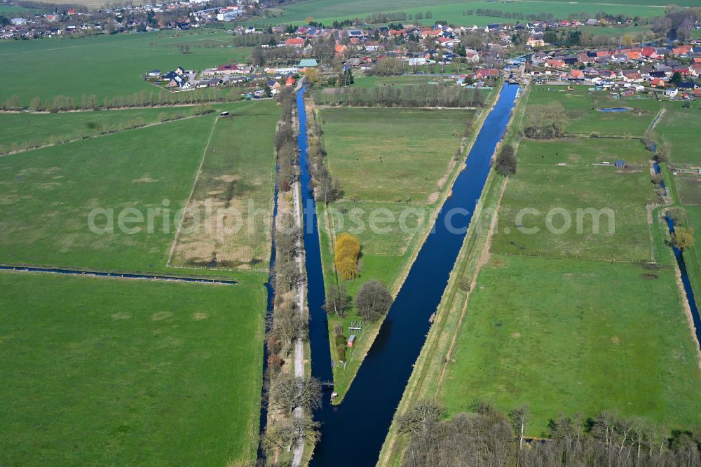 Banzkow from above - Canal course and shore areas of the connecting canal Stoerkanal on street Am Muehlengraben in Banzkow in the state Mecklenburg - Western Pomerania, Germany