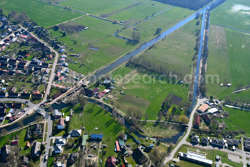 Banzkow from above - Canal course and shore areas of the connecting canal Stoerkanal on street Am Muehlengraben in Banzkow in the state Mecklenburg - Western Pomerania, Germany