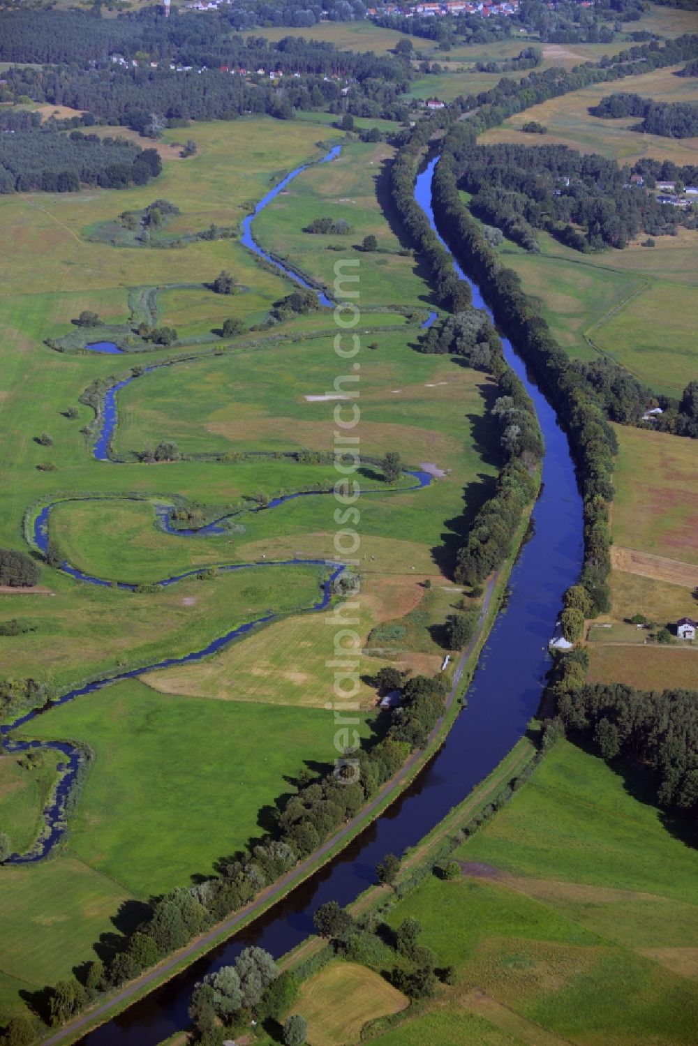 Zehdenick from above - History channel and riparian areas of des Vosskanals in Zehdenick in the state Brandenburg. Also shown the Havel