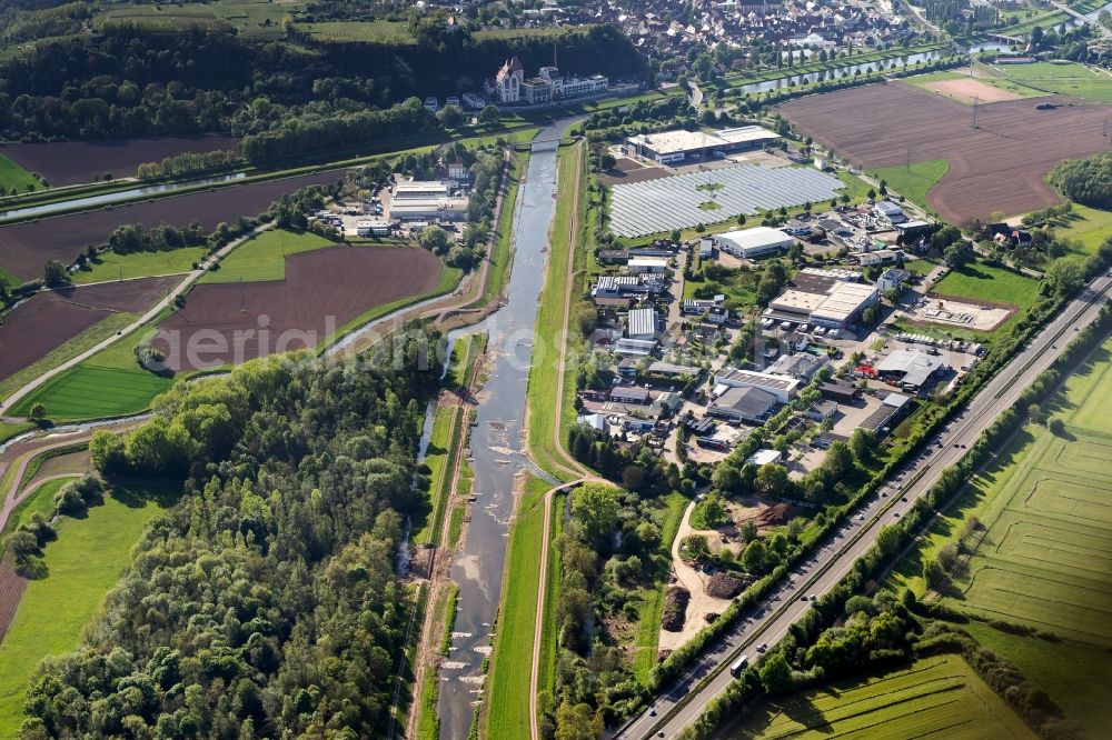 Riegel am Kaiserstuhl from above - Channel flow and river banks of the waterway shipping of Elz in Riegel am Kaiserstuhl in the state Baden-Wuerttemberg