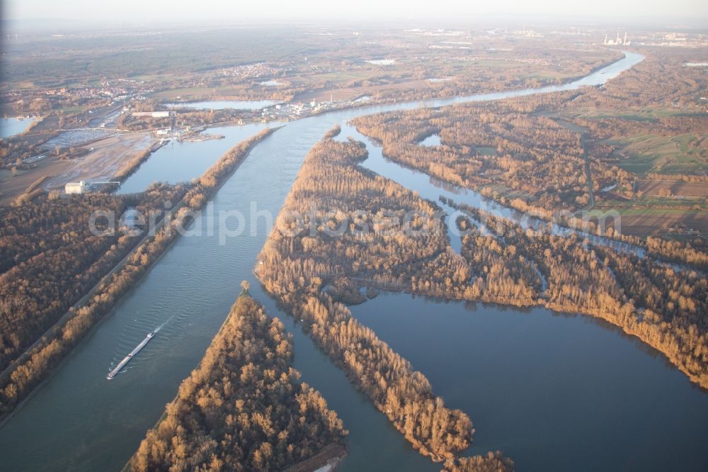 Elchesheim-Illingen from the bird's eye view: Channel flow and river banks of the waterway shipping Goldchannel towards the river Rhine in Elchesheim-Illingen in the state Baden-Wuerttemberg