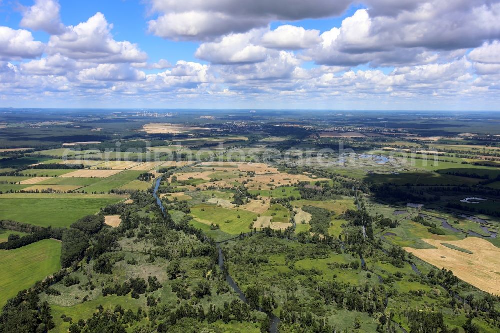 Aerial image Lehde - Channel flow and river banks of the waterway shipping Hauptspree in Lehde in the state Brandenburg, Germany