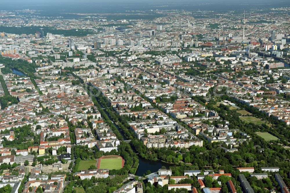 Berlin from above - Channel flow and river banks of the waterway shipping Landwehrkanal in the district Neukoelln in Berlin, Germany