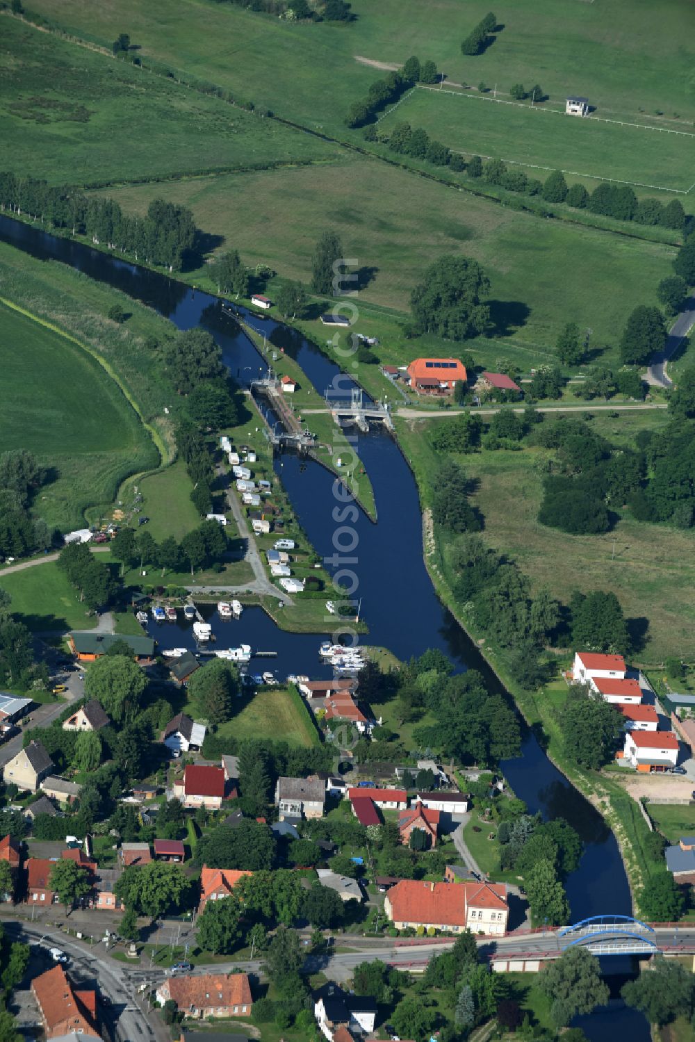 Eldena from above - Channel flow and river banks of the waterway shipping MEW Mueritz-Elde-Wasserstrasse in Eldena in the state Mecklenburg - Western Pomerania, Germany