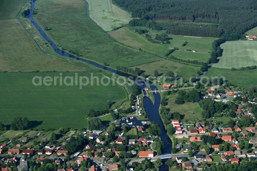 Eldena from above - Channel flow and river banks of the waterway shipping MEW Mueritz-Elde-Wasserstrasse in Eldena in the state Mecklenburg - Western Pomerania, Germany